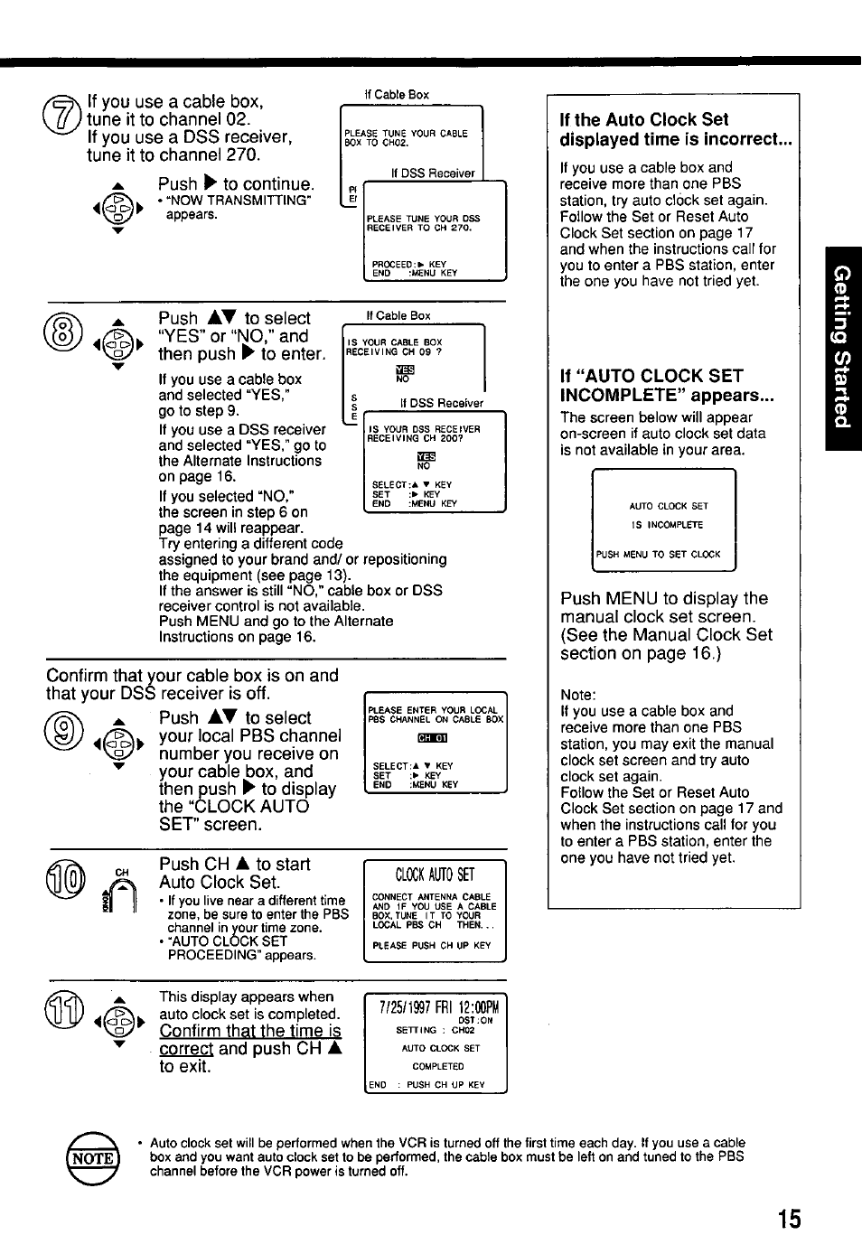 If the auto clock set displayed time is incorrect, If “auto clock set incomplete” appears, Clock auto set | Panasonic OMNIVISION VHS PV-7662 User Manual | Page 15 / 40