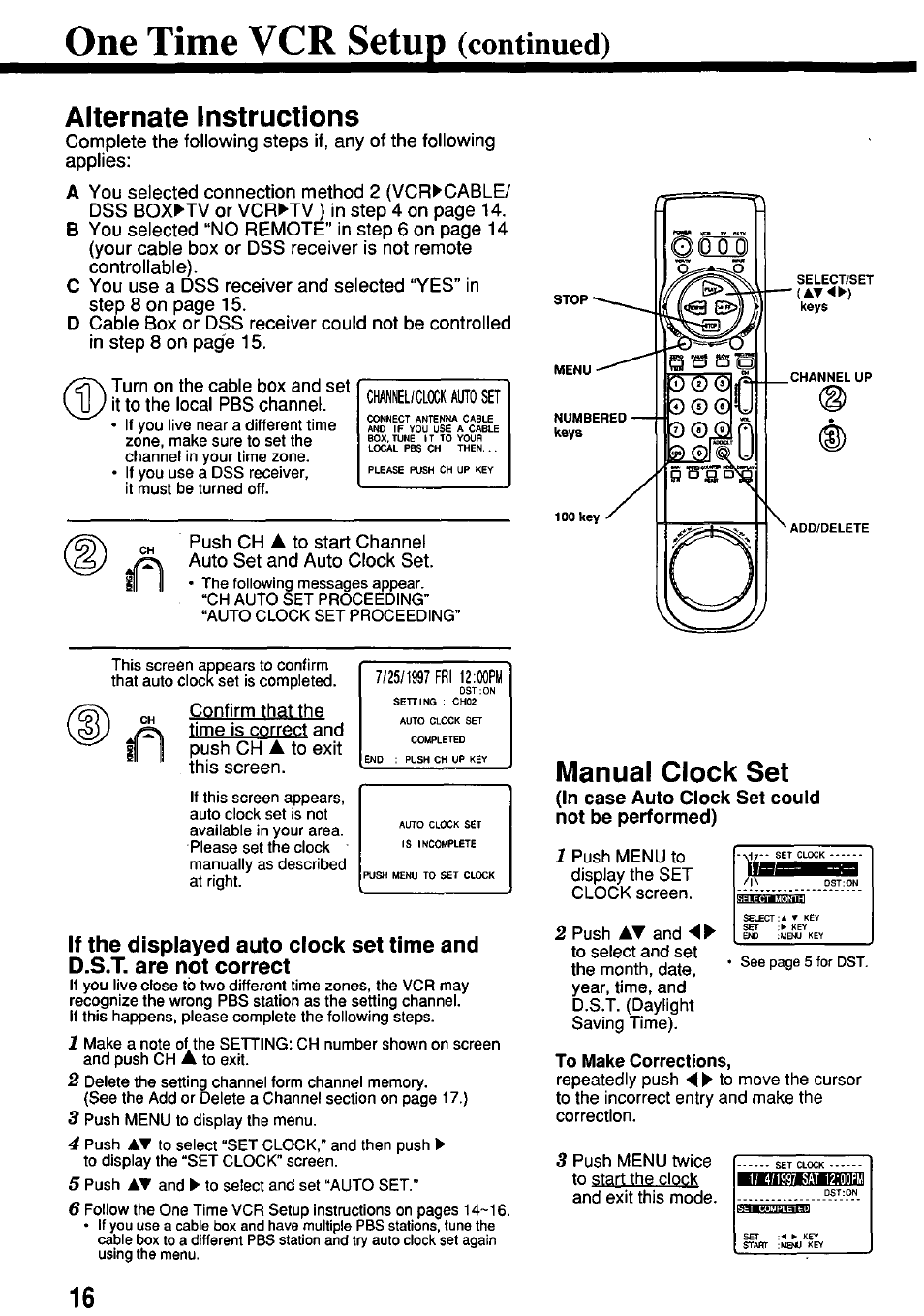 One time vcr setup (continued), Alternate instructions, Manual clock set | Ubmaiba, One time, Setup, Continued) | Panasonic OMNIVISION VHS PV-7662 User Manual | Page 16 / 40