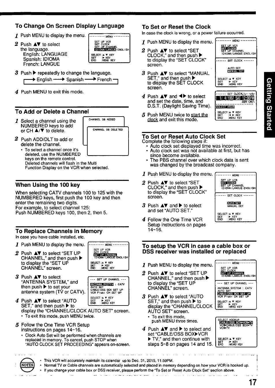 To change on screen display language, To add or delete a channel, When using the 100 key | To replace channels in memory, To set or reset the clock, To set or reset auto clock set | Panasonic OMNIVISION VHS PV-7662 User Manual | Page 17 / 40