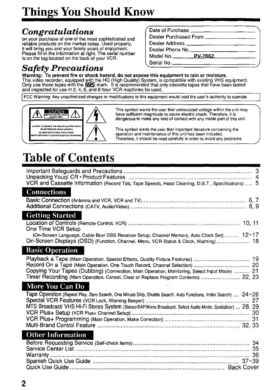 Panasonic OMNIVISION VHS PV-7662 User Manual | Page 2 / 40