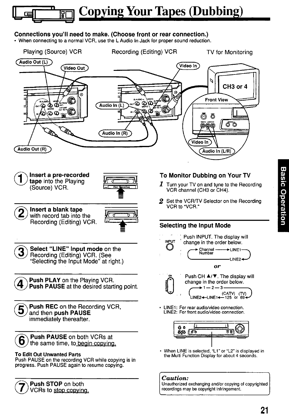 Insert a blank tape, To monitor dubbing on your tv, Seiecting the input mode | Igp| co£^in^ydurt^gesj(d | Panasonic OMNIVISION VHS PV-7662 User Manual | Page 21 / 40