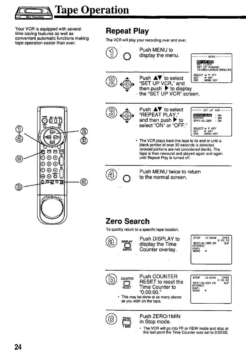 Rg—5~sv tape operation, Repeat play, Zero search | Panasonic OMNIVISION VHS PV-7662 User Manual | Page 24 / 40