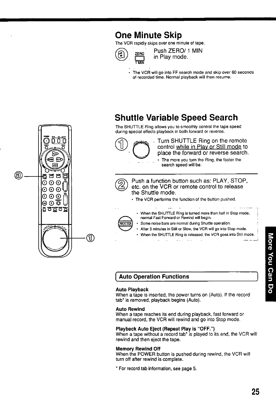 One minute skip, Shuttle variable speed search, Auto operation functions | Auto repeat function | Panasonic OMNIVISION VHS PV-7662 User Manual | Page 25 / 40