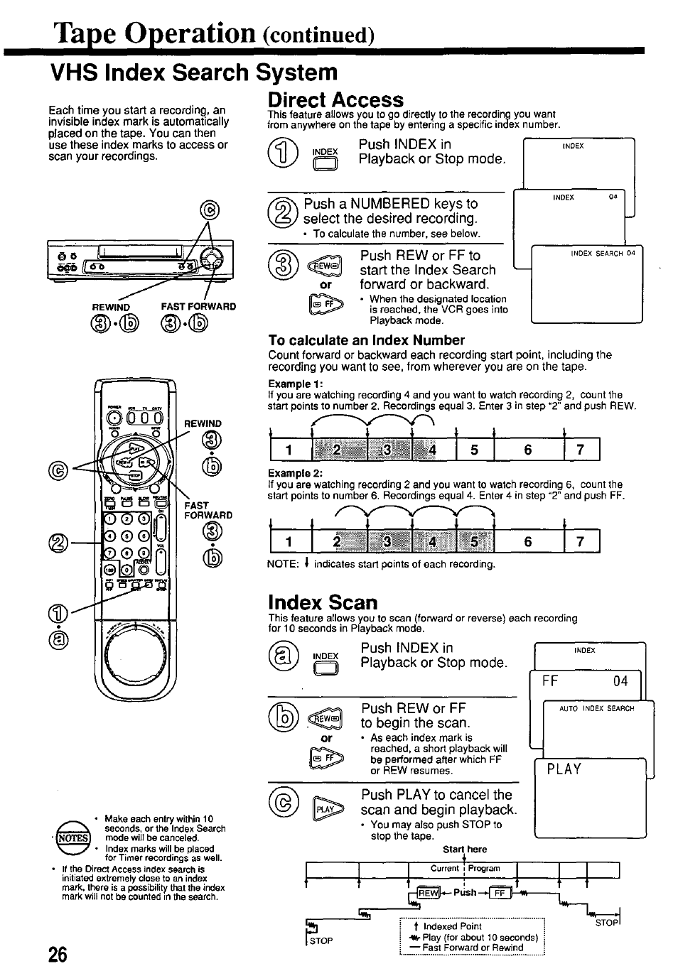 Direct access, To calculate an index number, Index scan | Vhs index search system | Panasonic OMNIVISION VHS PV-7662 User Manual | Page 26 / 40