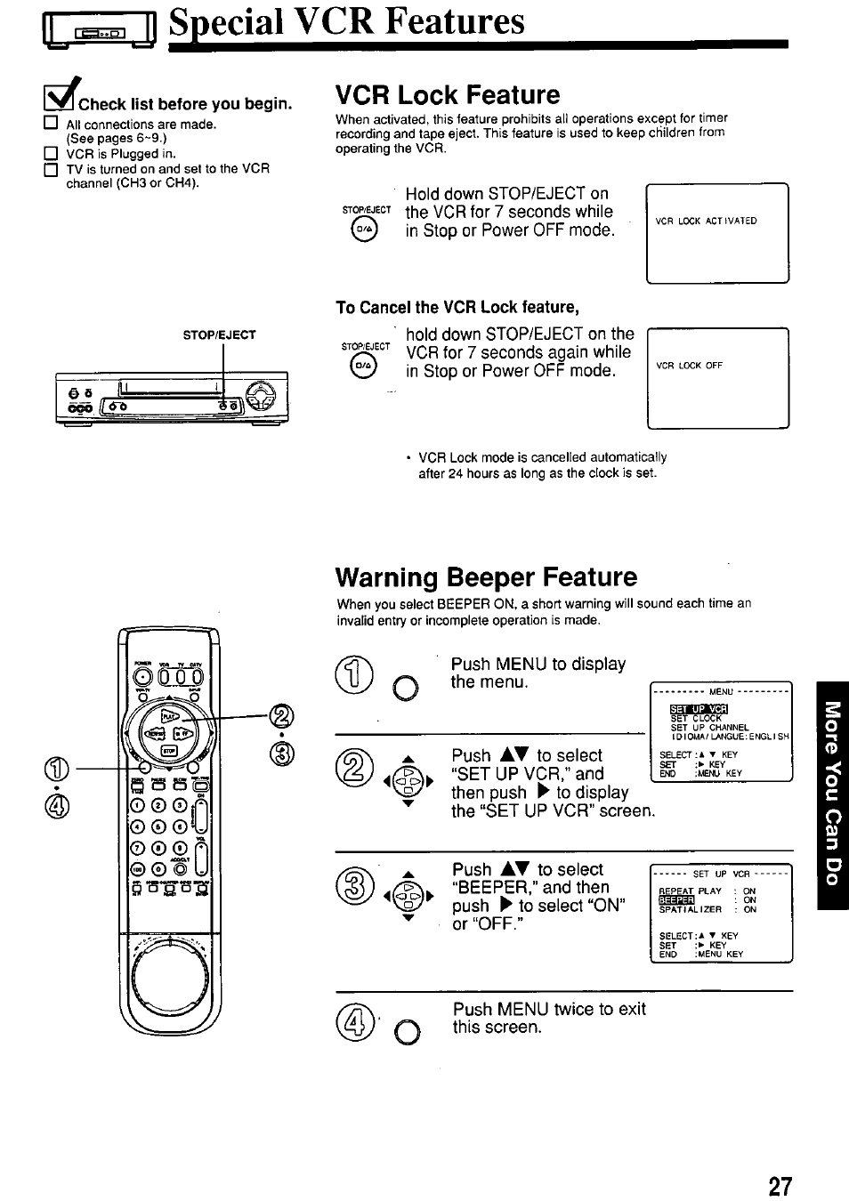 Lj_r^ j spedalvcrfeatu, L^icheck list before you begin, To cancel the vcr lock feature | Warning beeper feature, Vcr lock feature | Panasonic OMNIVISION VHS PV-7662 User Manual | Page 27 / 40
