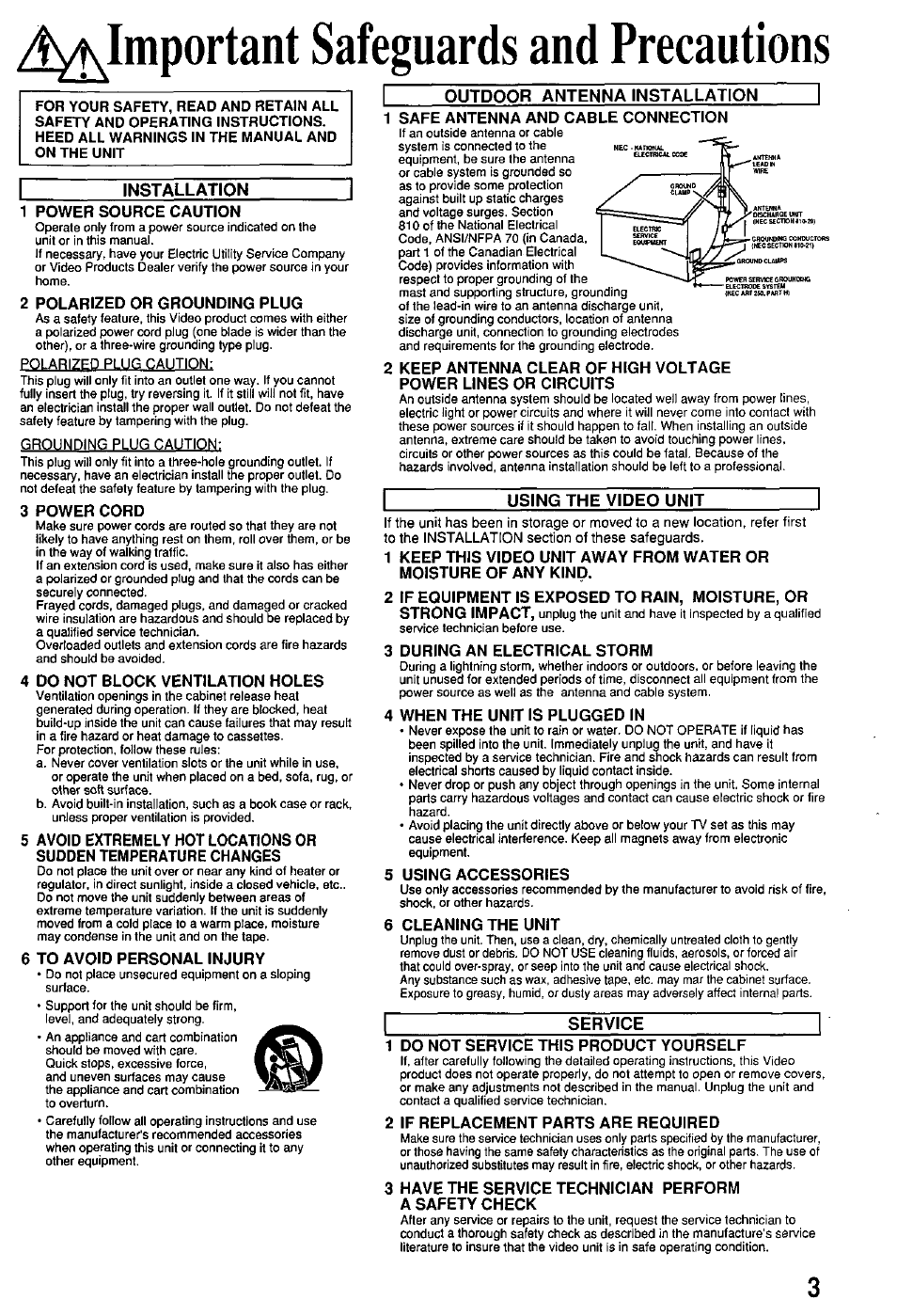 J^important safeguards and precautions, Important safeguards and precautions | Panasonic OMNIVISION VHS PV-7662 User Manual | Page 3 / 40