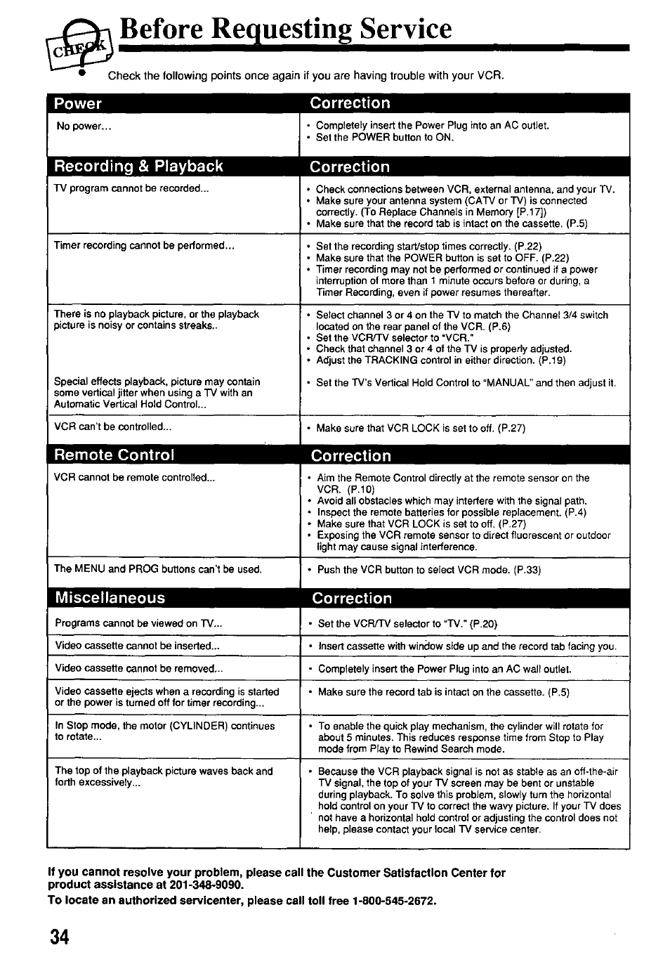 Before requesting service, Power correction, Recording | Playback correction, Remote control correction, Miscellaneous correction | Panasonic OMNIVISION VHS PV-7662 User Manual | Page 34 / 40