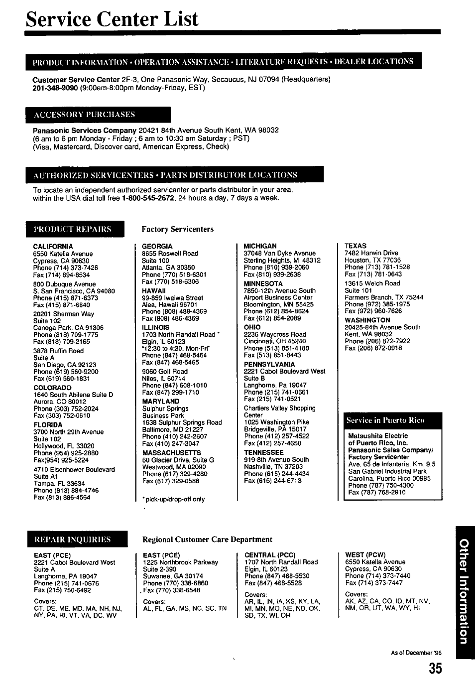 Service center list | Panasonic OMNIVISION VHS PV-7662 User Manual | Page 35 / 40
