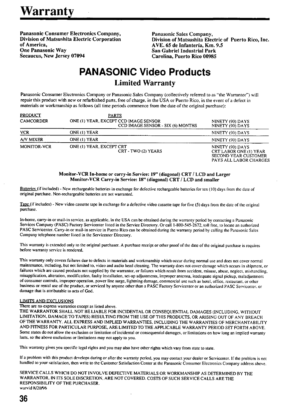 Warranty, Panasonic video products | Panasonic OMNIVISION VHS PV-7662 User Manual | Page 36 / 40