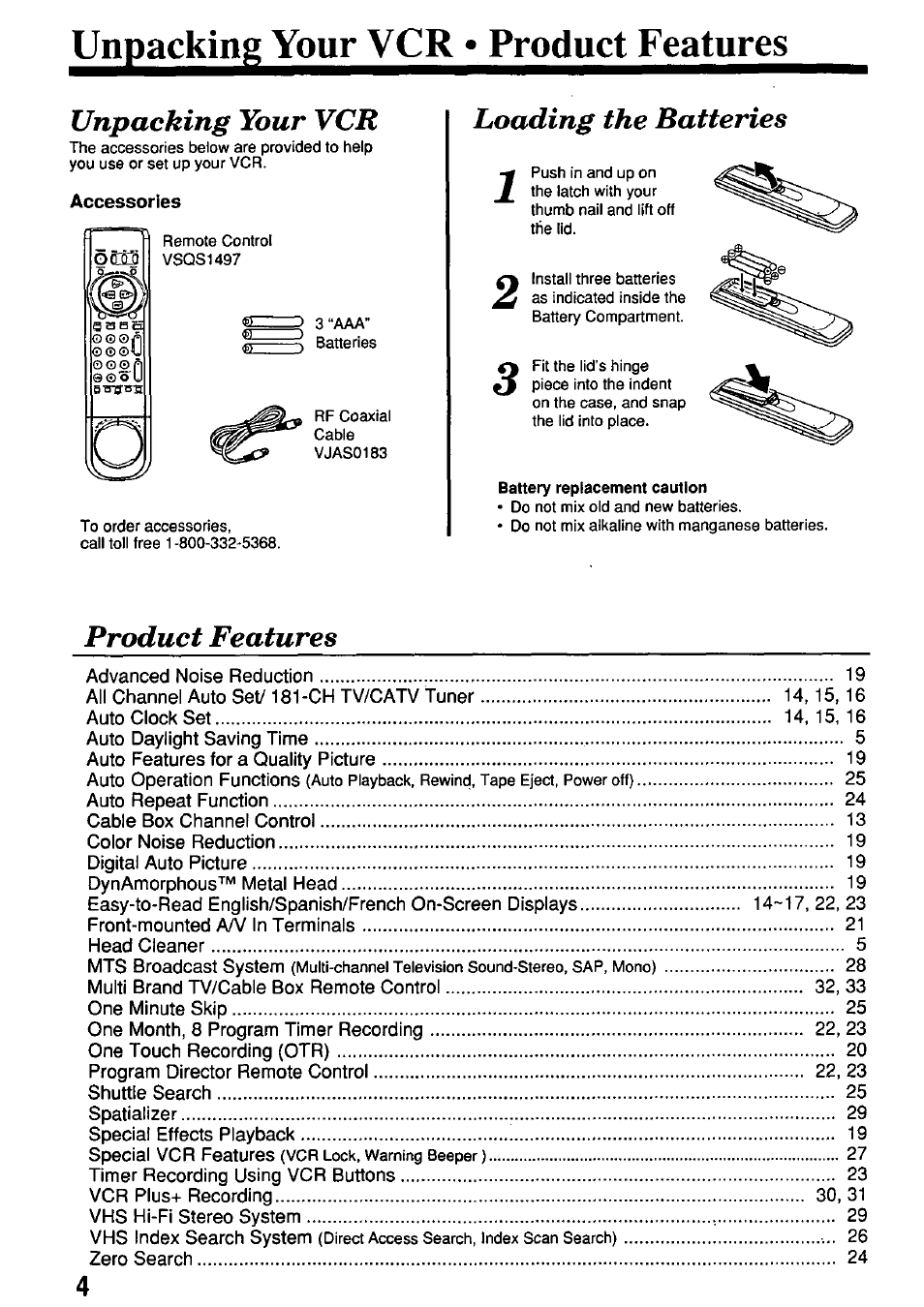 Unpacking your vcr • product features, Accessories, Unpacking youqi cr • product features | Unpacking your vcr, Loading the batteries, Product features | Panasonic OMNIVISION VHS PV-7662 User Manual | Page 4 / 40