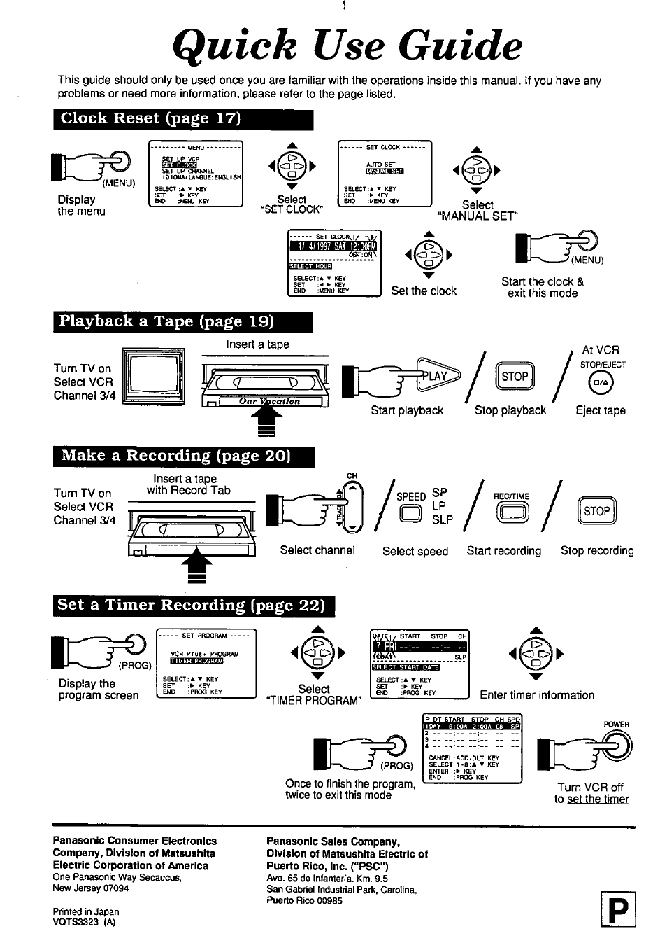 Quick use guide, Clock reset (page 17), Playback a tape (page 19) | Make a recording (page 20), Set a timer recording (page 22) | Panasonic OMNIVISION VHS PV-7662 User Manual | Page 40 / 40
