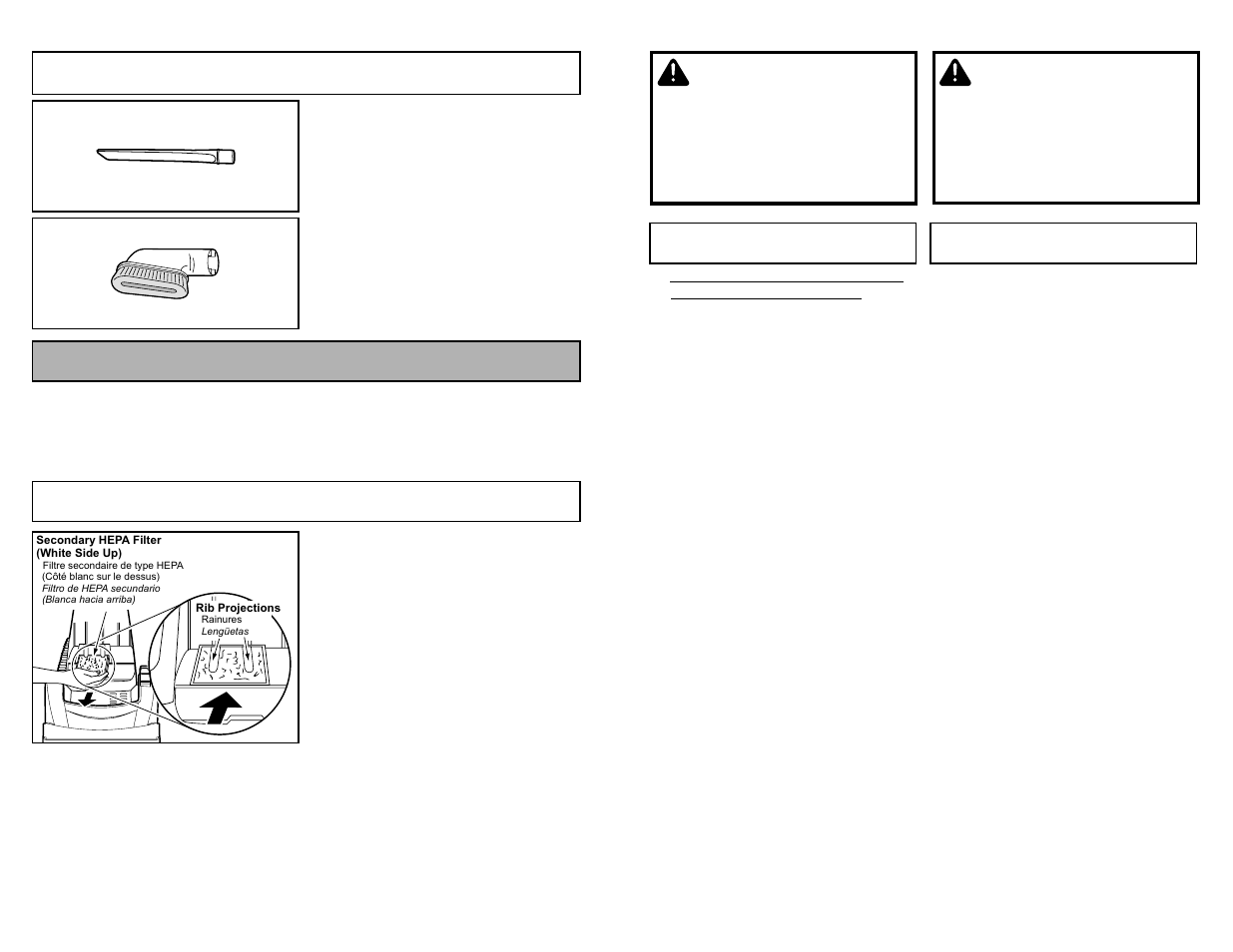 Enlevement et installation de la plaque inferieure, Cambiar y insertar de la base inferior, Avertissement | Advertencia, Tool usage, Routine care of cleaner, Replacing secondary hepa filter | Panasonic MC-V5269 User Manual | Page 27 / 48