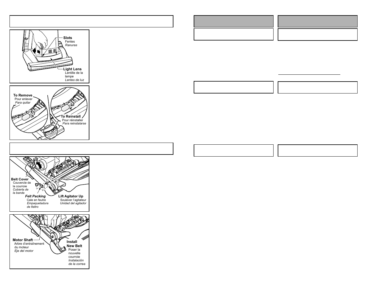 Replacing headlight bulb, Replacing belt, Para operar la aspiradora fonctionnement | Panasonic MC-V5269 User Manual | Page 28 / 48