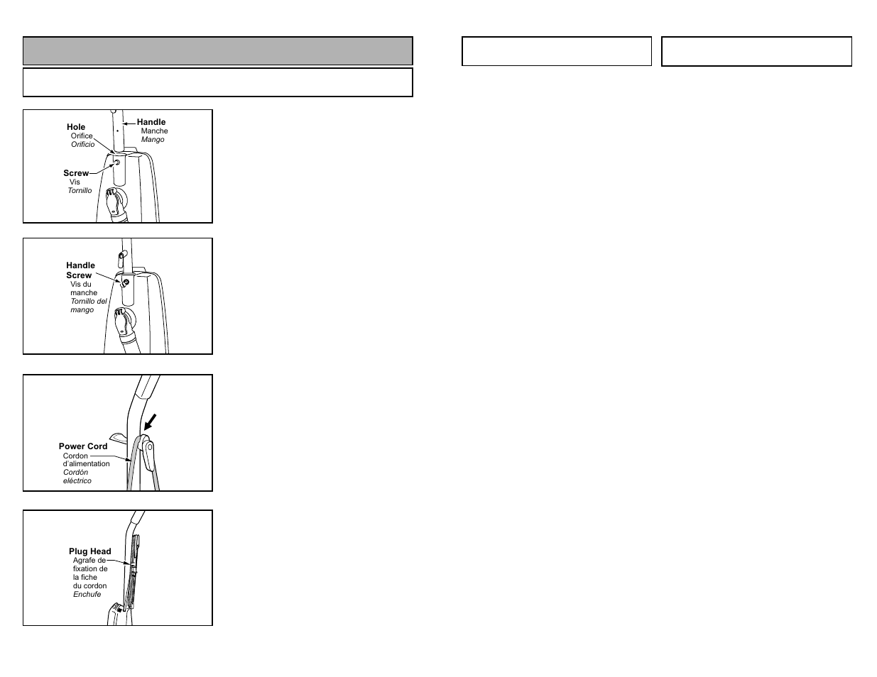 Degagement des obstructions, Quitar de los residuos de basura en los conductos, Assembly | Attaching handle | Panasonic MC-V5269 User Manual | Page 37 / 48