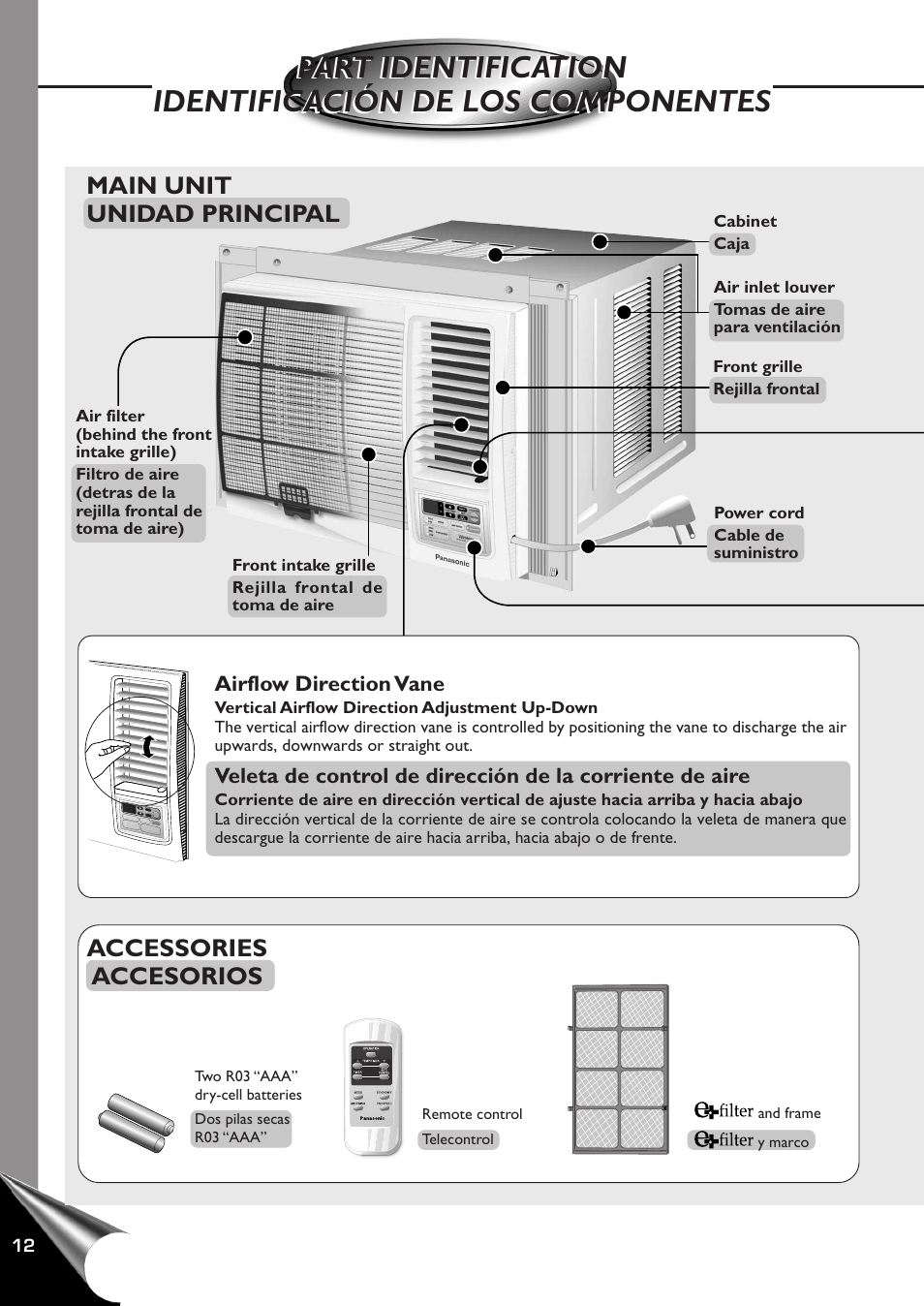 Part identification, Identificacion de los componentes, Main unit unidad principal | Accessories accesorios, Airflow direction vane | Panasonic CW-XC100AU User Manual | Page 14 / 32