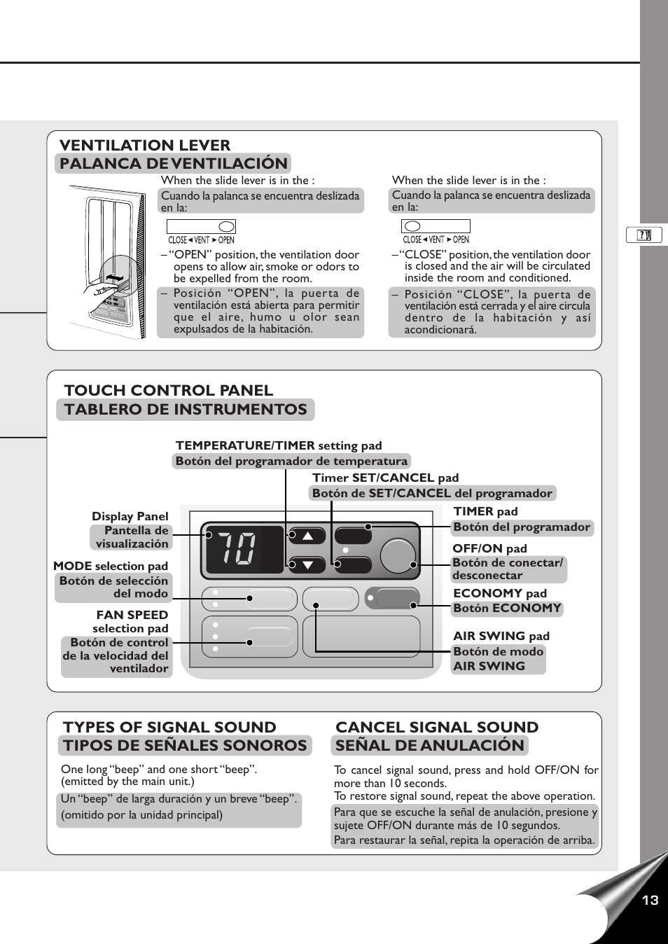 Ventilation lever palanca de ventilación, Types of signal sound tipos de señales sonoros, Cancel signal sound señal de anulación | Touch control panel tablero de instrumentos, Wireless | Panasonic CW-XC100AU User Manual | Page 15 / 32