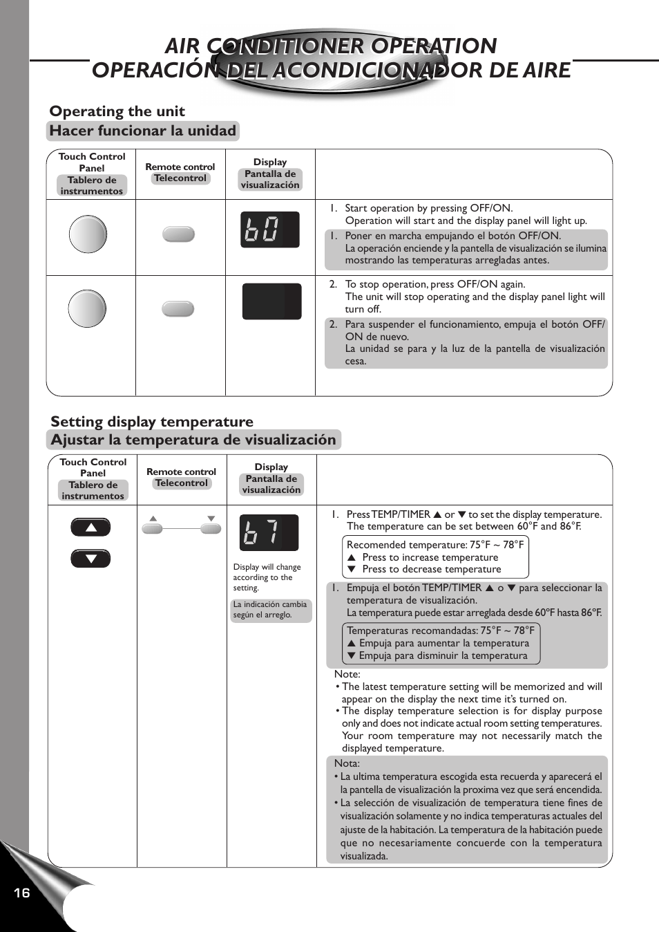 Air conditioner operation, Operacion del acondicionador de aire, Operating the unit hacer funcionar la unidad | Panasonic CW-XC100AU User Manual | Page 18 / 32