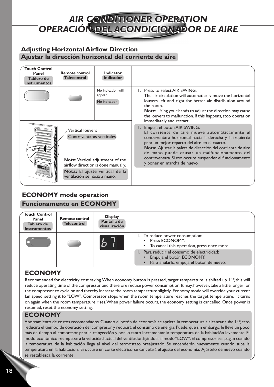 Economy mode operation funcionamento en economy, Economy | Panasonic CW-XC100AU User Manual | Page 20 / 32