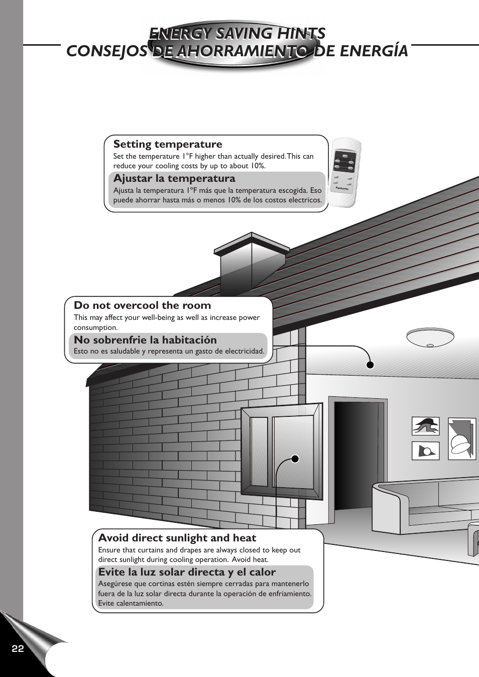 Energy saving hints, Consejos de ahorramiento de energia, Setting temperature | Ajustar la temperatura, Avoid direct sunlight and heat, Evite la luz solar directa y el calor, Do not overcool the room, No sobrenfrie la habitación | Panasonic CW-XC100AU User Manual | Page 24 / 32