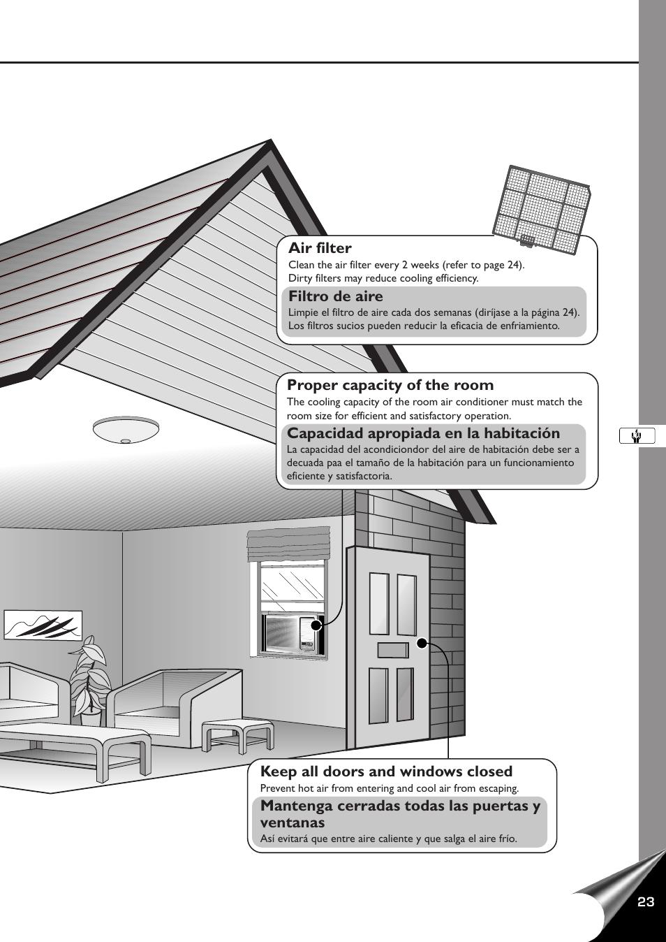 Air filter, Filtro de aire, Keep all doors and windows closed | Mantenga cerradas todas las puertas y ventanas, Proper capacity of the room, Capacidad apropiada en la habitación | Panasonic CW-XC100AU User Manual | Page 25 / 32