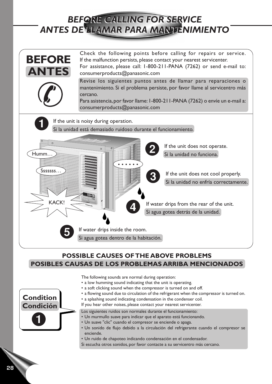 Before calling for service, Antes de llamar para mantenimiento, Before antes | Condition condición | Panasonic CW-XC100AU User Manual | Page 30 / 32