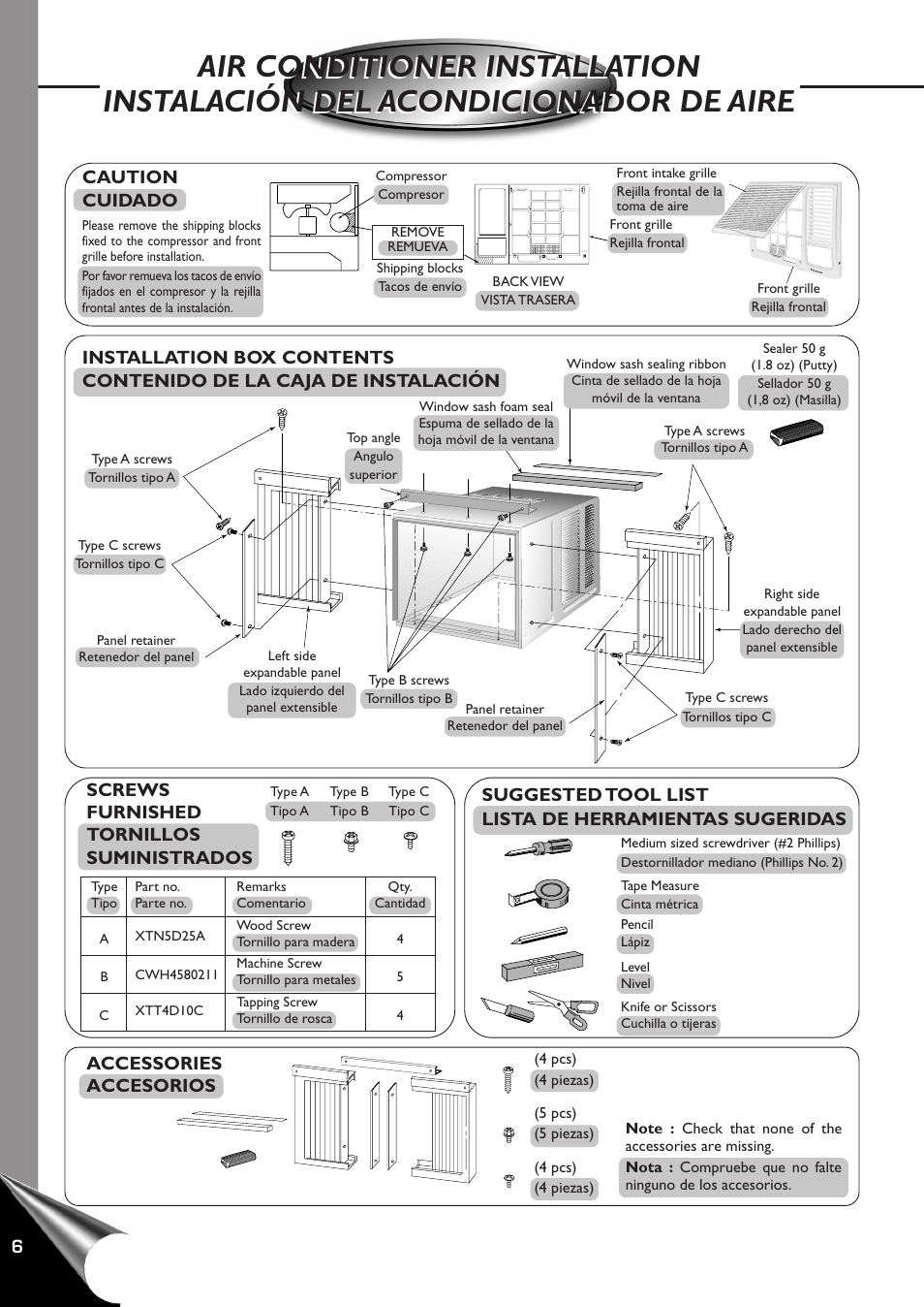 Air conditioner installation, Instalacion del acondicionador de aire, Caution cuidado | Accessories accesorios, Screws furnished tornillos suministrados | Panasonic CW-XC100AU User Manual | Page 8 / 32