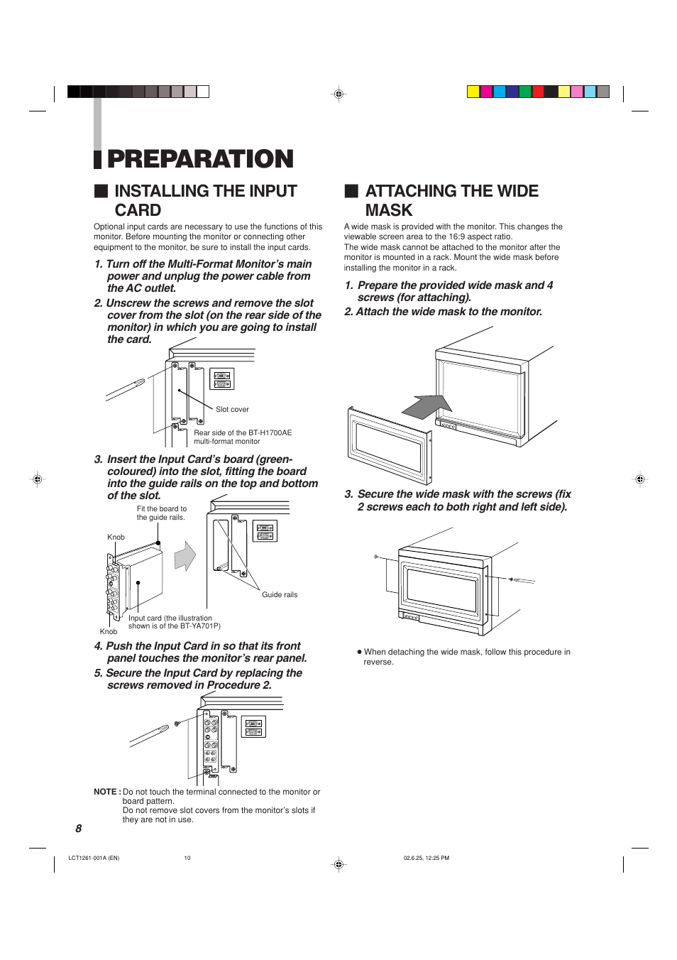 Preparation, Installing the input card, Attaching the wide mask | Panasonic BT-H1700AE User Manual | Page 10 / 29