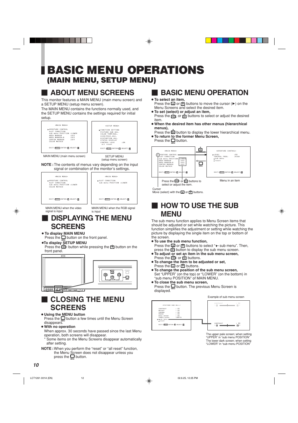 Basic menu operations, Main menu, setup menu) Ⅵ about menu screens, Displaying the menu screens | Closing the menu screens, Basic menu operation, How to use the sub menu, Muting | Panasonic BT-H1700AE User Manual | Page 12 / 29