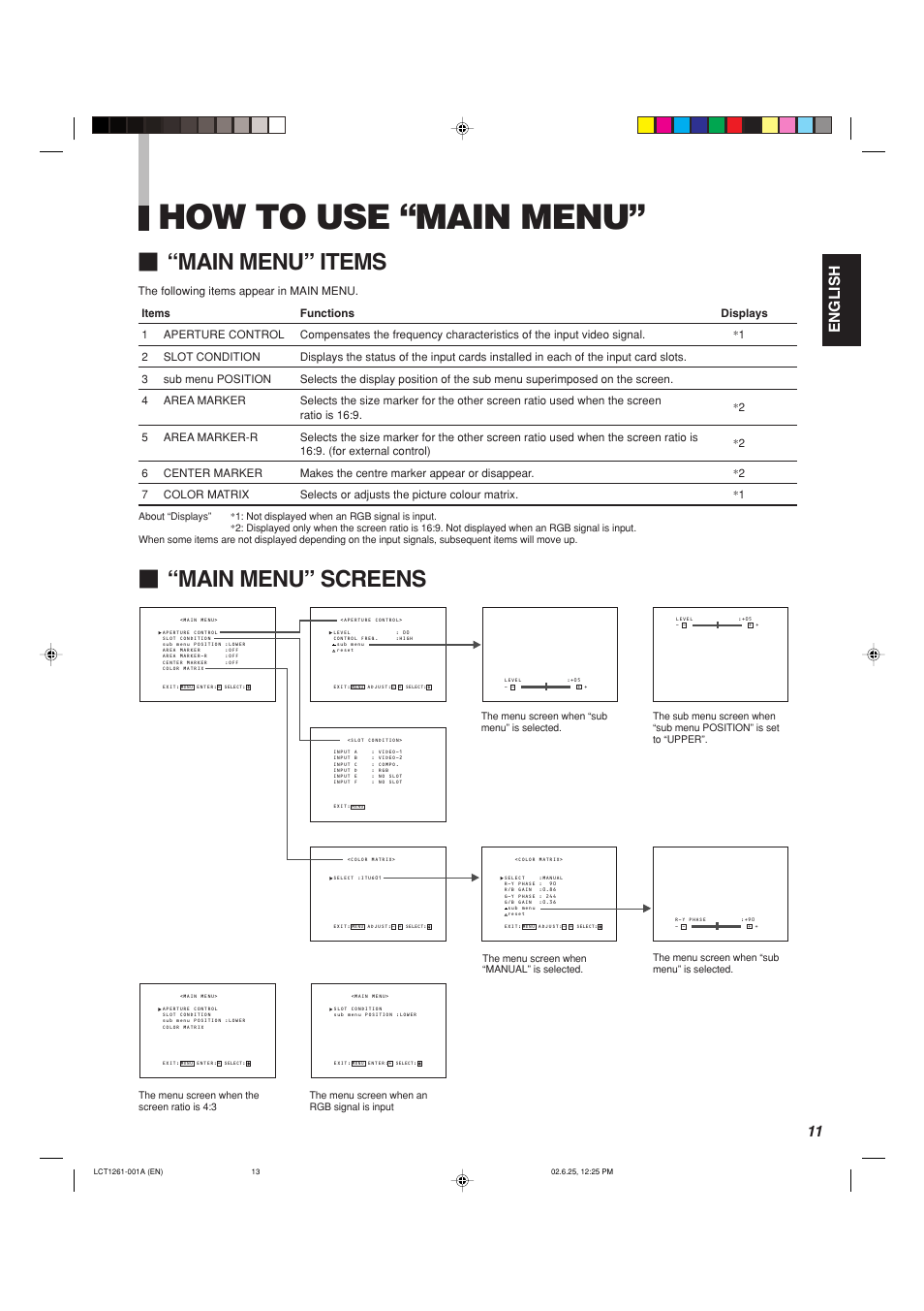 How to use “main menu, Main menu” items, Main menu” screens | English | Panasonic BT-H1700AE User Manual | Page 13 / 29