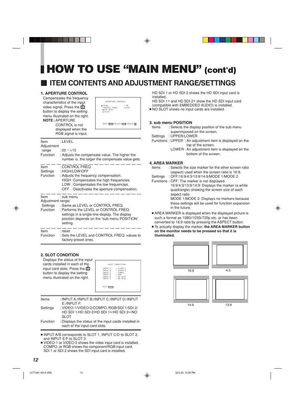 How to use “main menu, Cont'd), Item contents and adjustment range/settings | Panasonic BT-H1700AE User Manual | Page 14 / 29