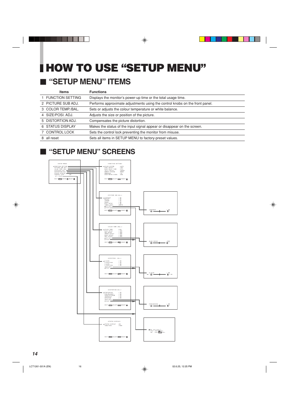 How to use “setup menu, Setup menu” items, Setup menu” screens | Panasonic BT-H1700AE User Manual | Page 16 / 29