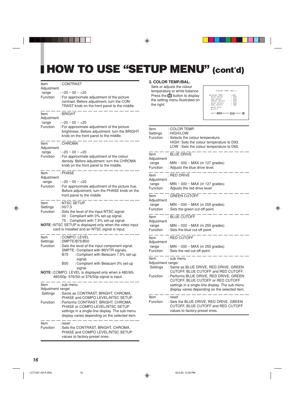 How to use “setup menu, Cont'd) | Panasonic BT-H1700AE User Manual | Page 18 / 29