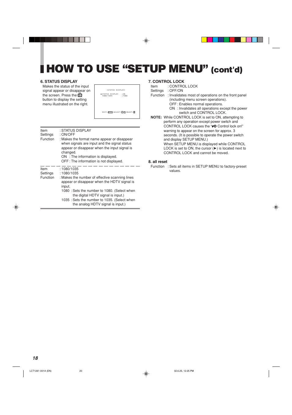 How to use “setup menu, Cont'd) | Panasonic BT-H1700AE User Manual | Page 20 / 29