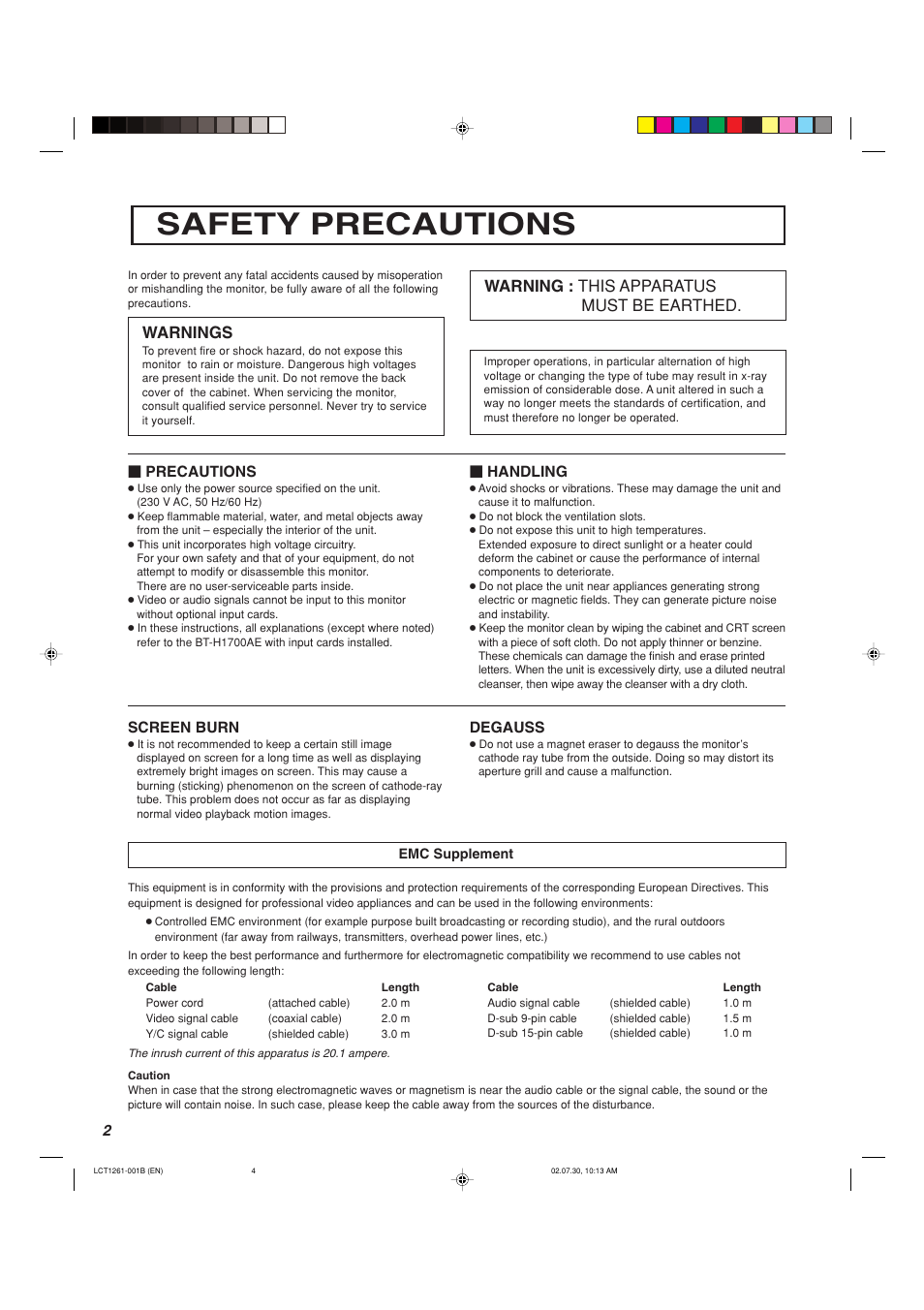 Safety precautions, Warnings, Warning : this apparatus must be earthed | Panasonic BT-H1700AE User Manual | Page 4 / 29