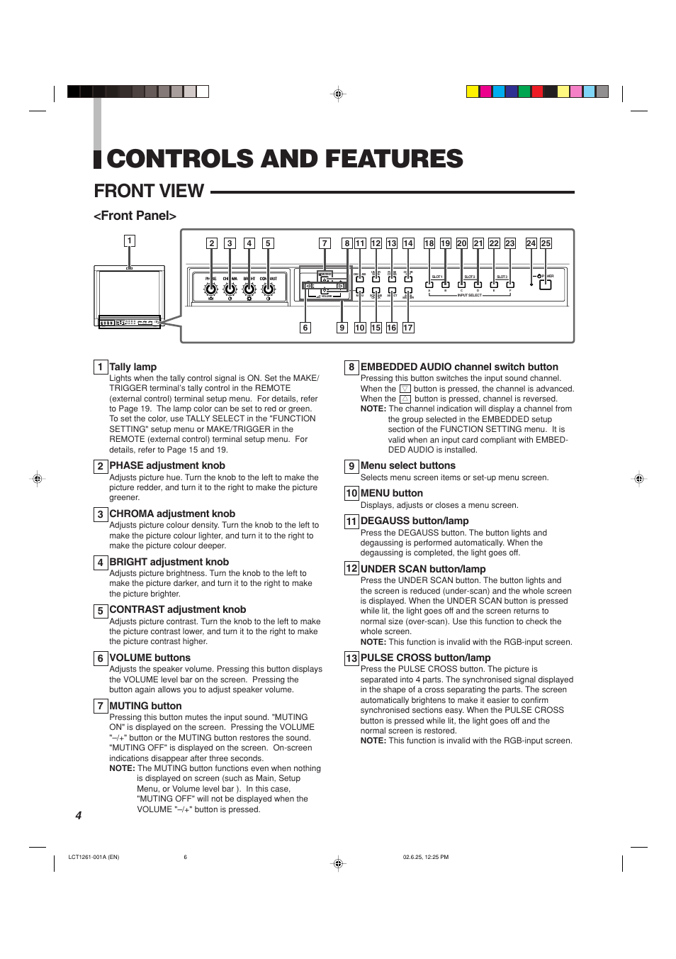 Controls and features, Front view, Front panel | Panasonic BT-H1700AE User Manual | Page 6 / 29