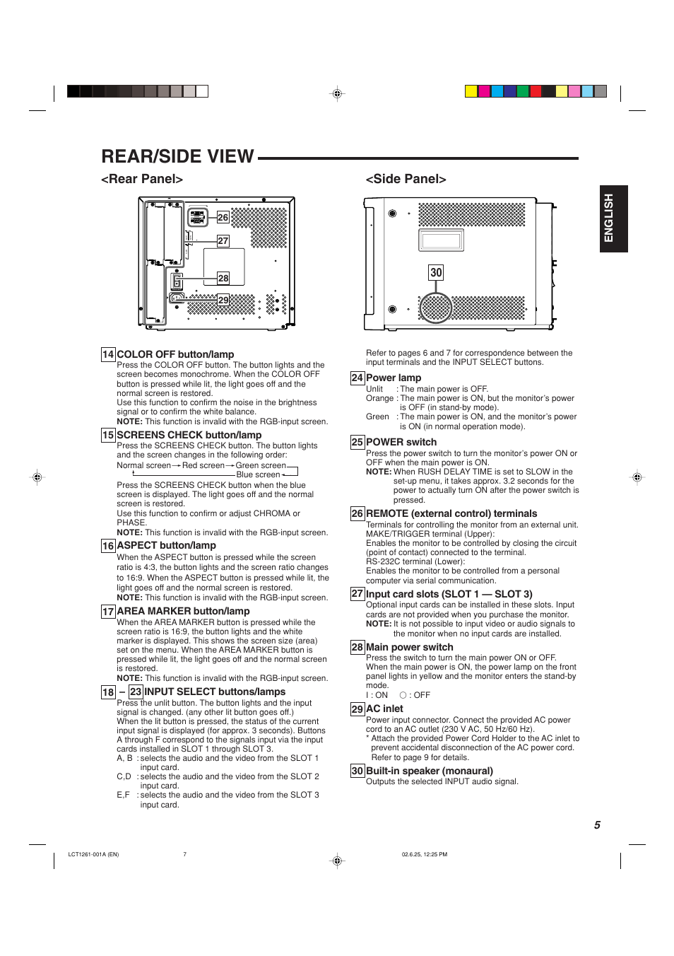 Rear/side view, Rear panel> <side panel, English | Panasonic BT-H1700AE User Manual | Page 7 / 29