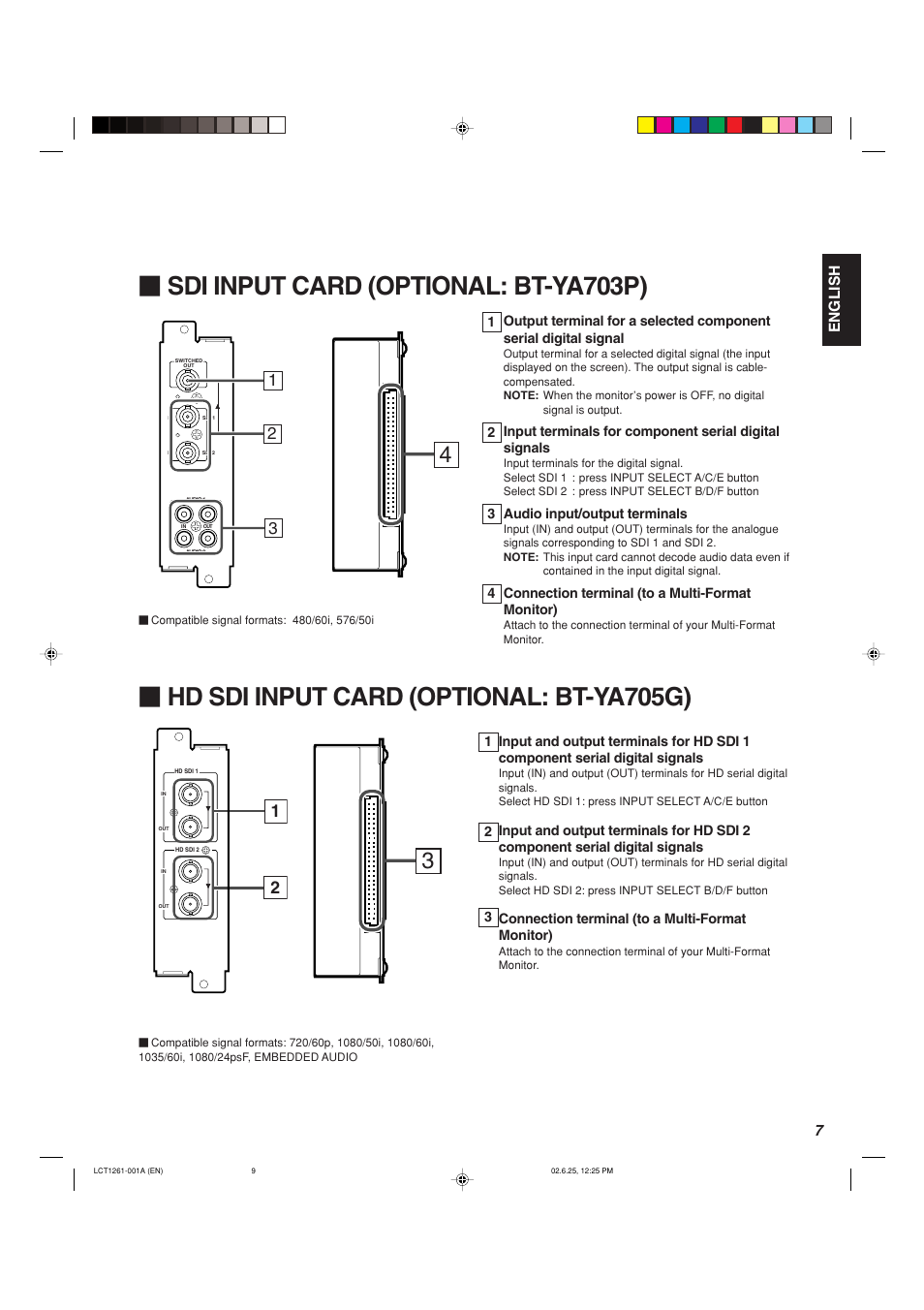 Sdi input card (optional: bt-ya703p), Hd sdi input card (optional: bt-ya705g) | Panasonic BT-H1700AE User Manual | Page 9 / 29