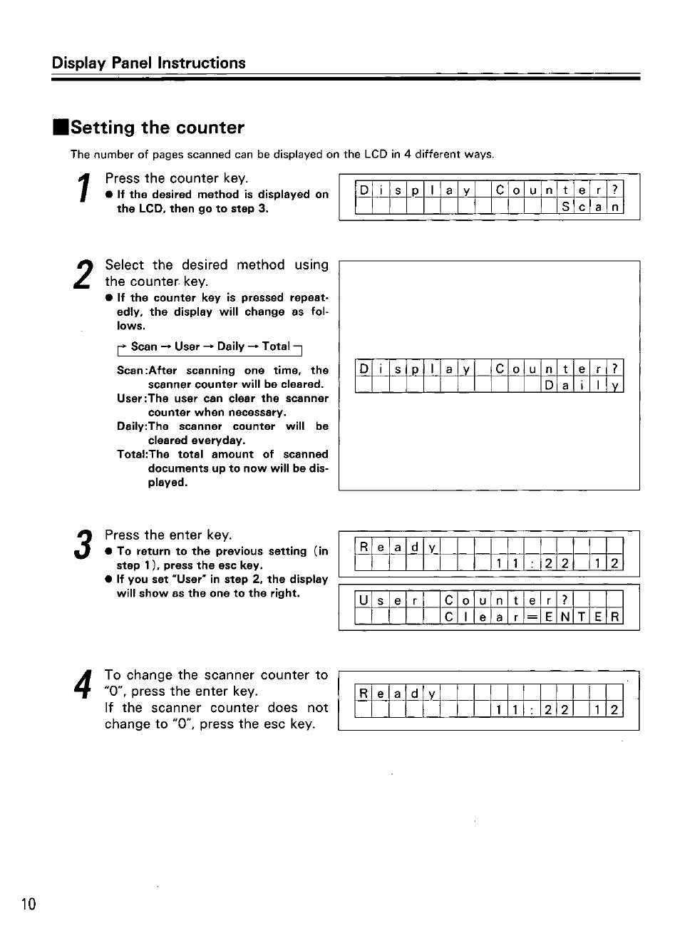 Press the counter key, Select the desired method using the counter key, Press the enter key | Isetting the counter | Panasonic KV-SS855D User Manual | Page 10 / 48