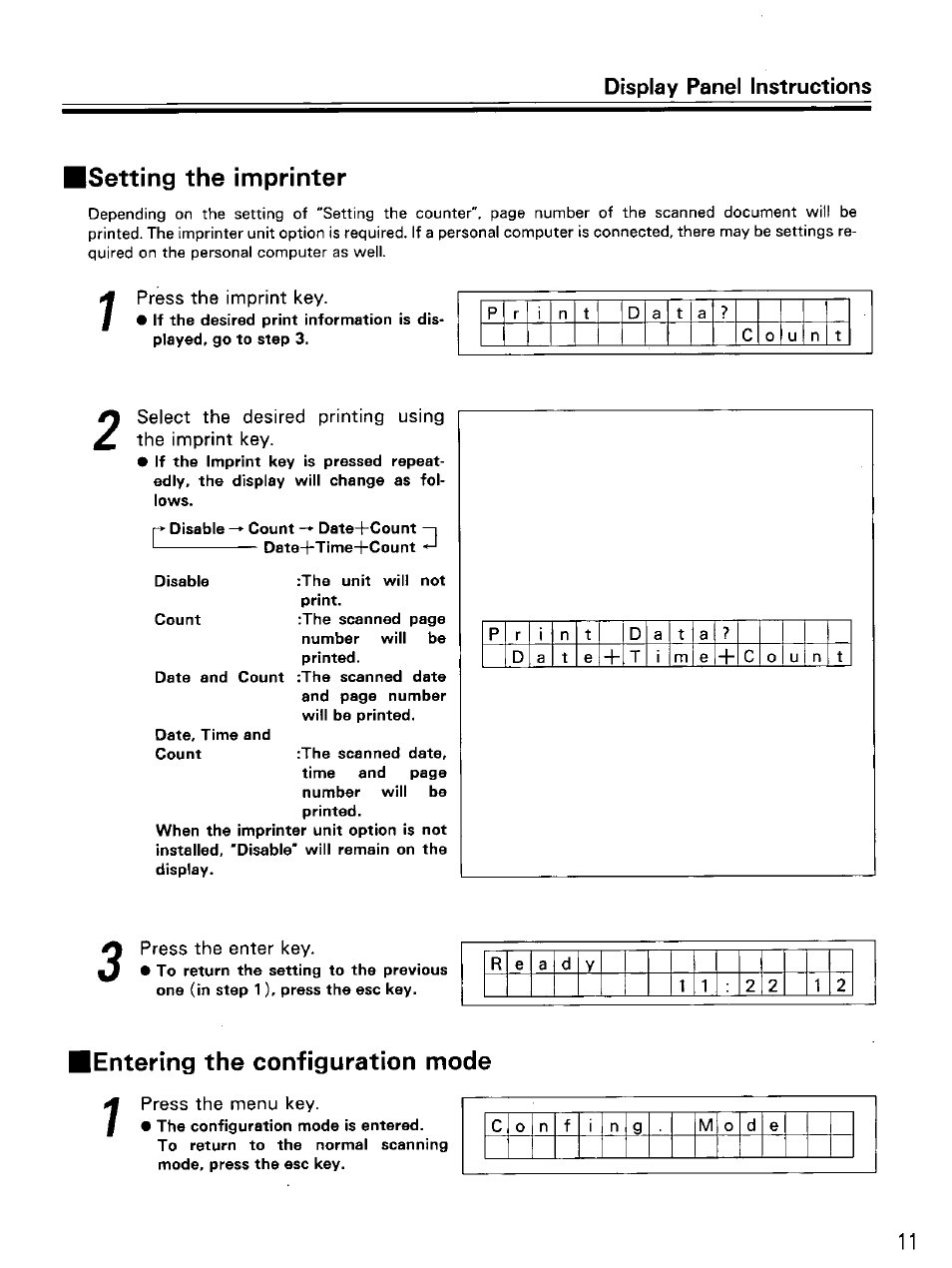 Press the imprint key, Select the desired printing using the imprint key, Press the enter key | Press the menu key, Setting the imprinter, Entering the configuration mode | Panasonic KV-SS855D User Manual | Page 11 / 48