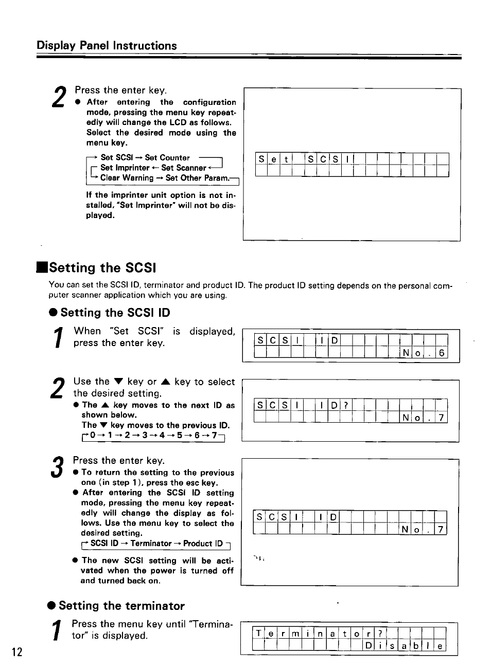 Press the enter key, Setting the scsi id, When "set scsi" is displayed, press the enter key | I setting the terminator, Setting, The scsi, Isetting the scsi | Panasonic KV-SS855D User Manual | Page 12 / 48