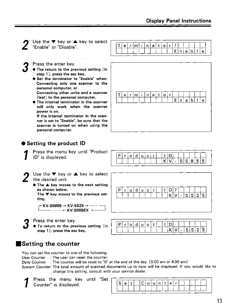Press the enter key, Setting the product id, Press the menu key until id" is displayed | Product, Use the ▼ key or ▲ key to select the desired unit, Isetting the counter | Panasonic KV-SS855D User Manual | Page 13 / 48