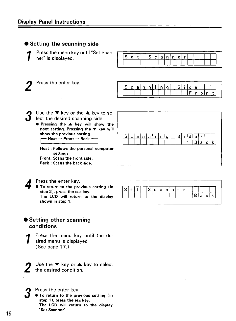 Setting the scanning side, Press the enter key, Setting other scanning conditions | Panasonic KV-SS855D User Manual | Page 16 / 48