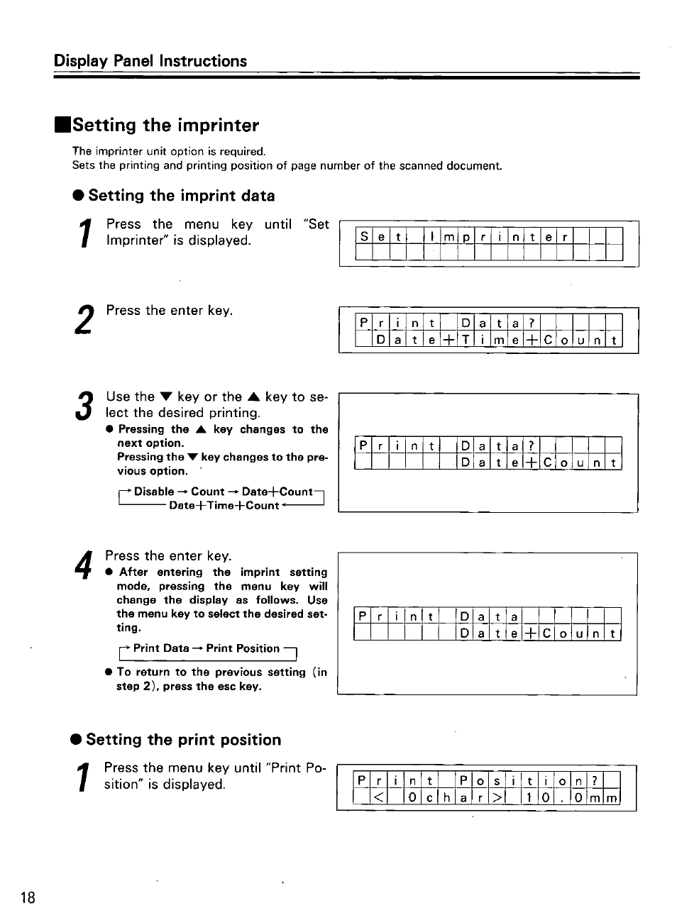 Setting the imprint data, Press the enter key, Setting the print position | Setting, The hopper position, The imprinter, Isetting the imprinter | Panasonic KV-SS855D User Manual | Page 18 / 48