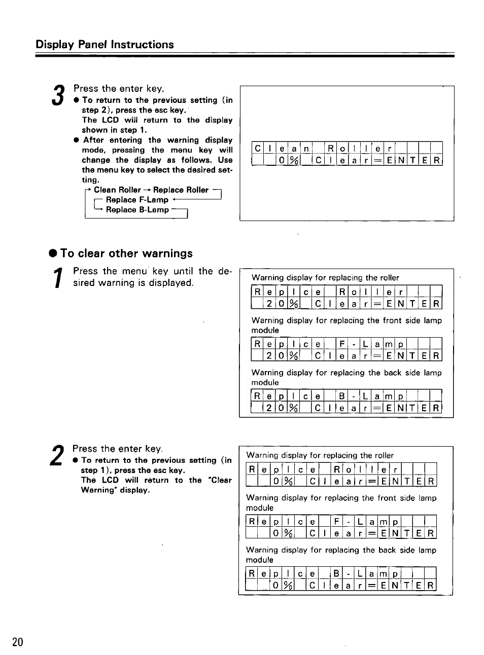 Press the enter key, To clear other warnings, Clearing the warnings | Panasonic KV-SS855D User Manual | Page 20 / 48