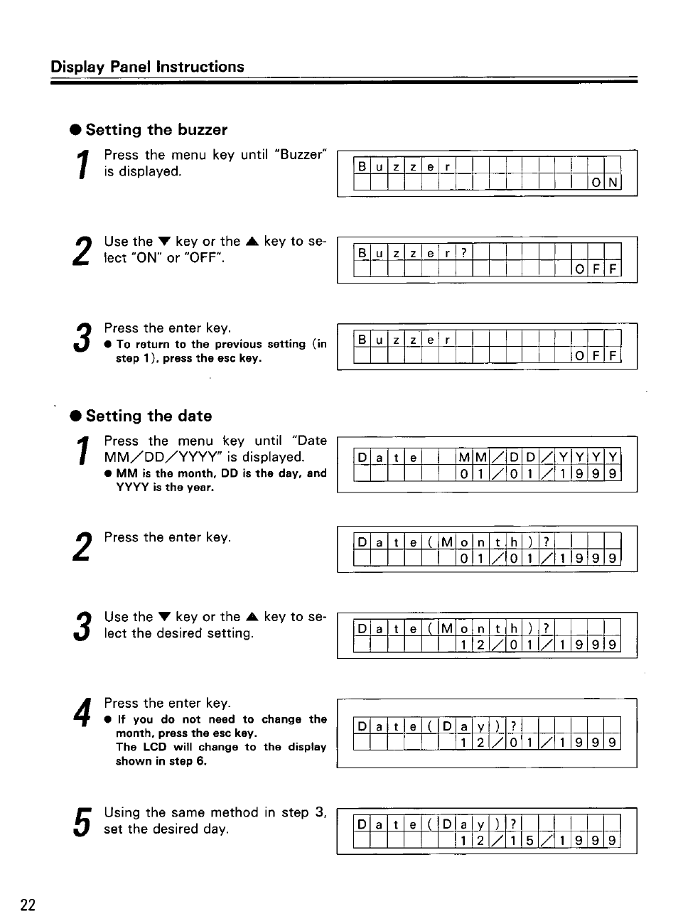 Setting the buzzer, Setting the date, Setting | The counter, The scanner | Panasonic KV-SS855D User Manual | Page 22 / 48