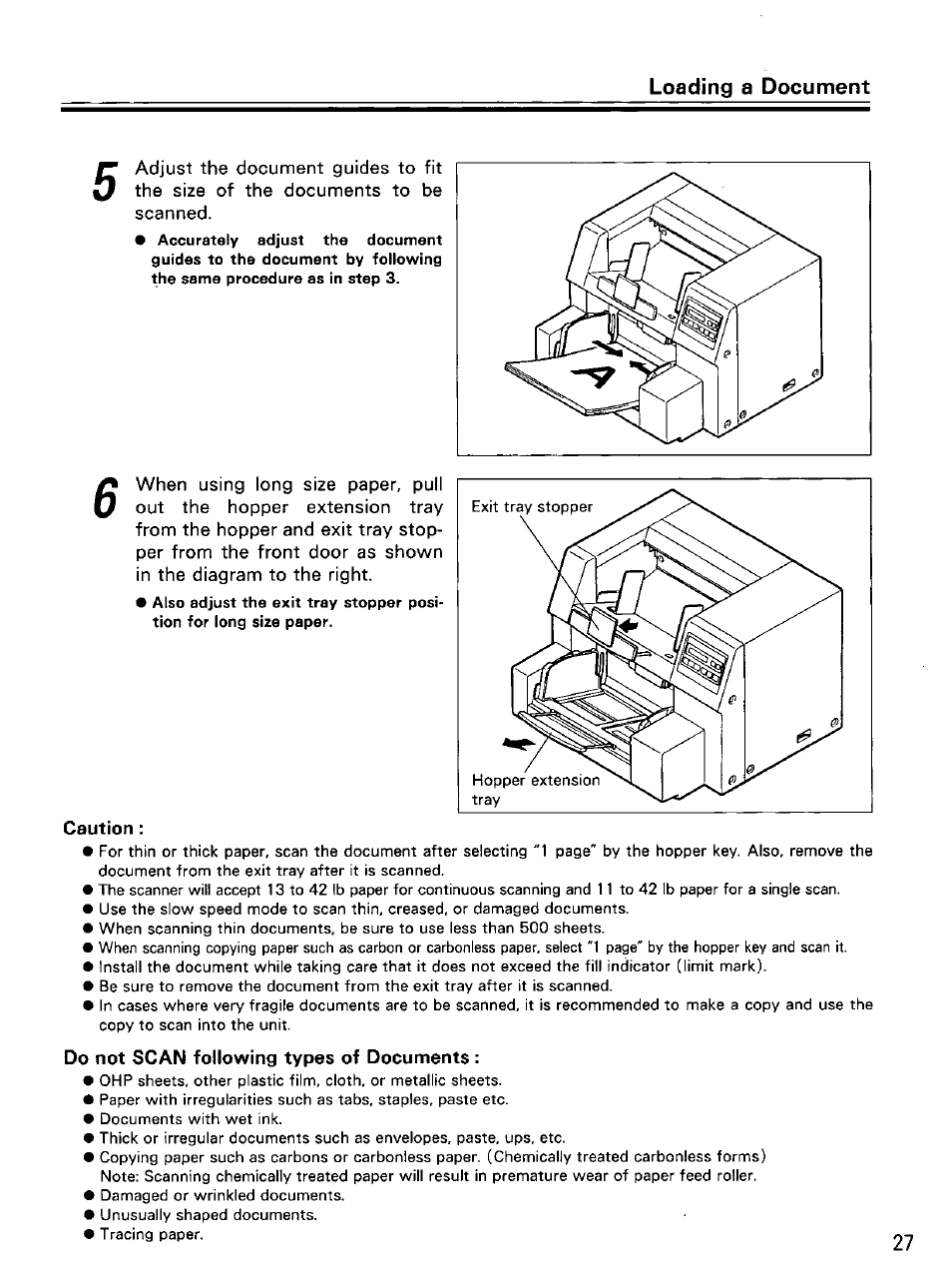 Loading a document, Caution, Do not scan following types of documents | Panasonic KV-SS855D User Manual | Page 27 / 48
