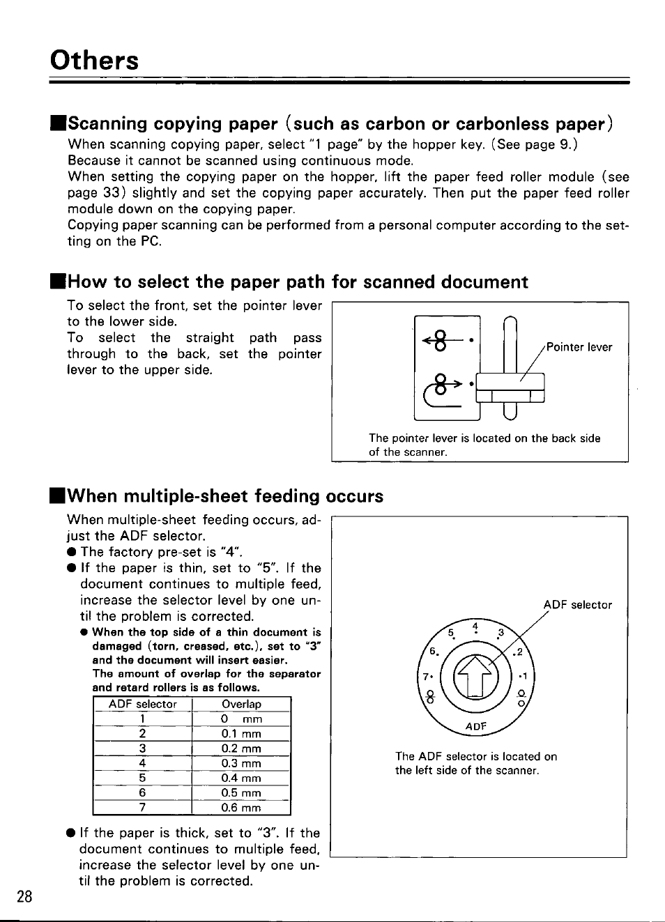 Others, Ihow to select the paper path for scanned document, Iwhen multiple-sheet feeding occurs | Panasonic KV-SS855D User Manual | Page 28 / 48