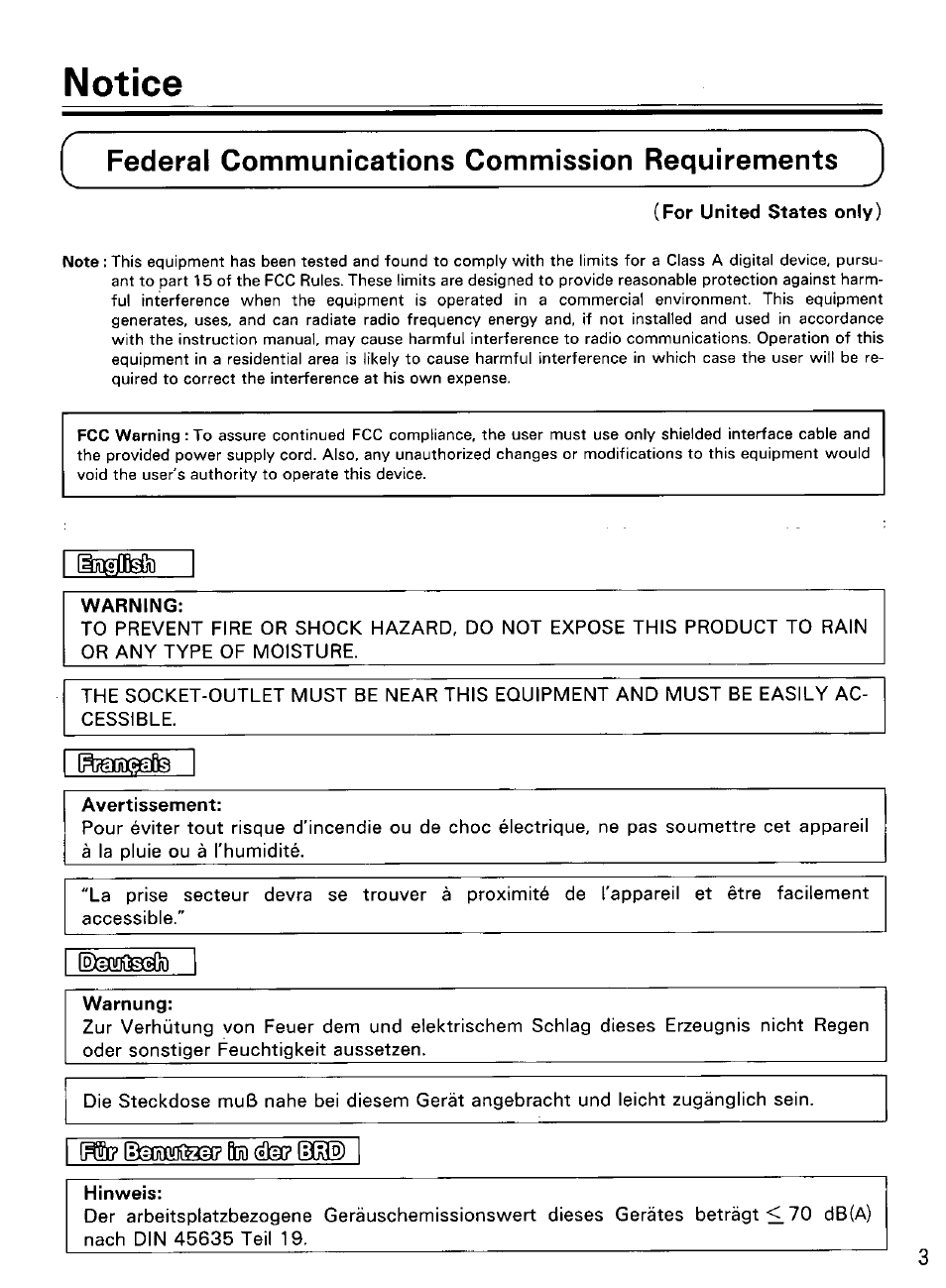 For united states only), Warning, Avertissement | Osqdiôsoû, Warnung, Hinweis, Notice, Federal communications commission requirements j | Panasonic KV-SS855D User Manual | Page 3 / 48