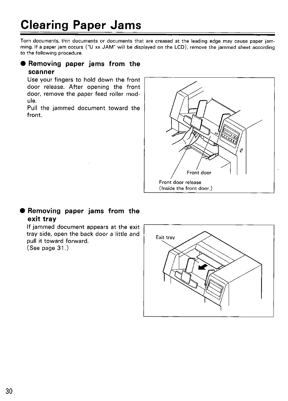 Removing paper jams from the scanner, Removing paper jams from the exit tray, Clearing paper jams | Panasonic KV-SS855D User Manual | Page 30 / 48