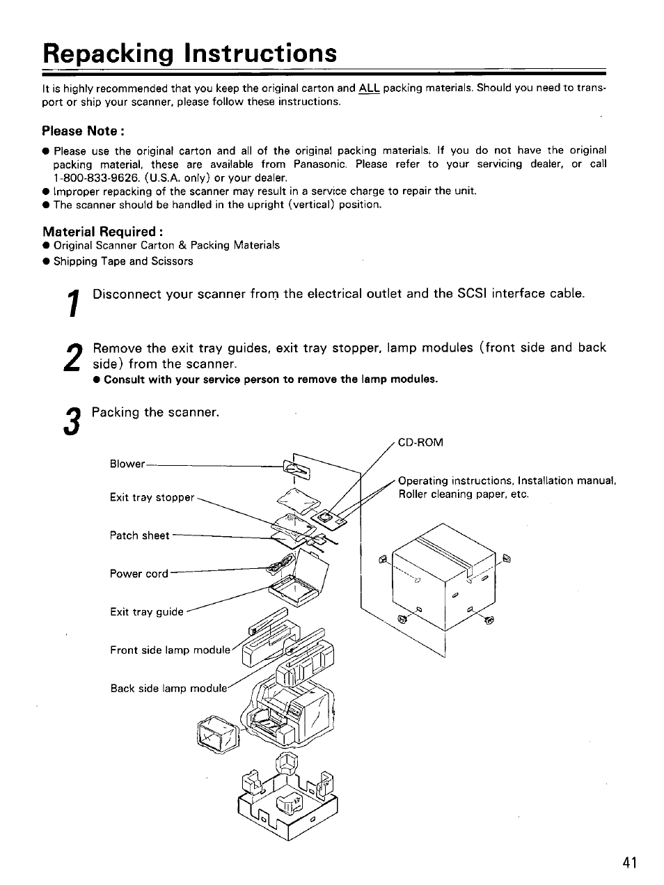 Please note, Material required, Packing the scanner | Repacking instructions | Panasonic KV-SS855D User Manual | Page 41 / 48